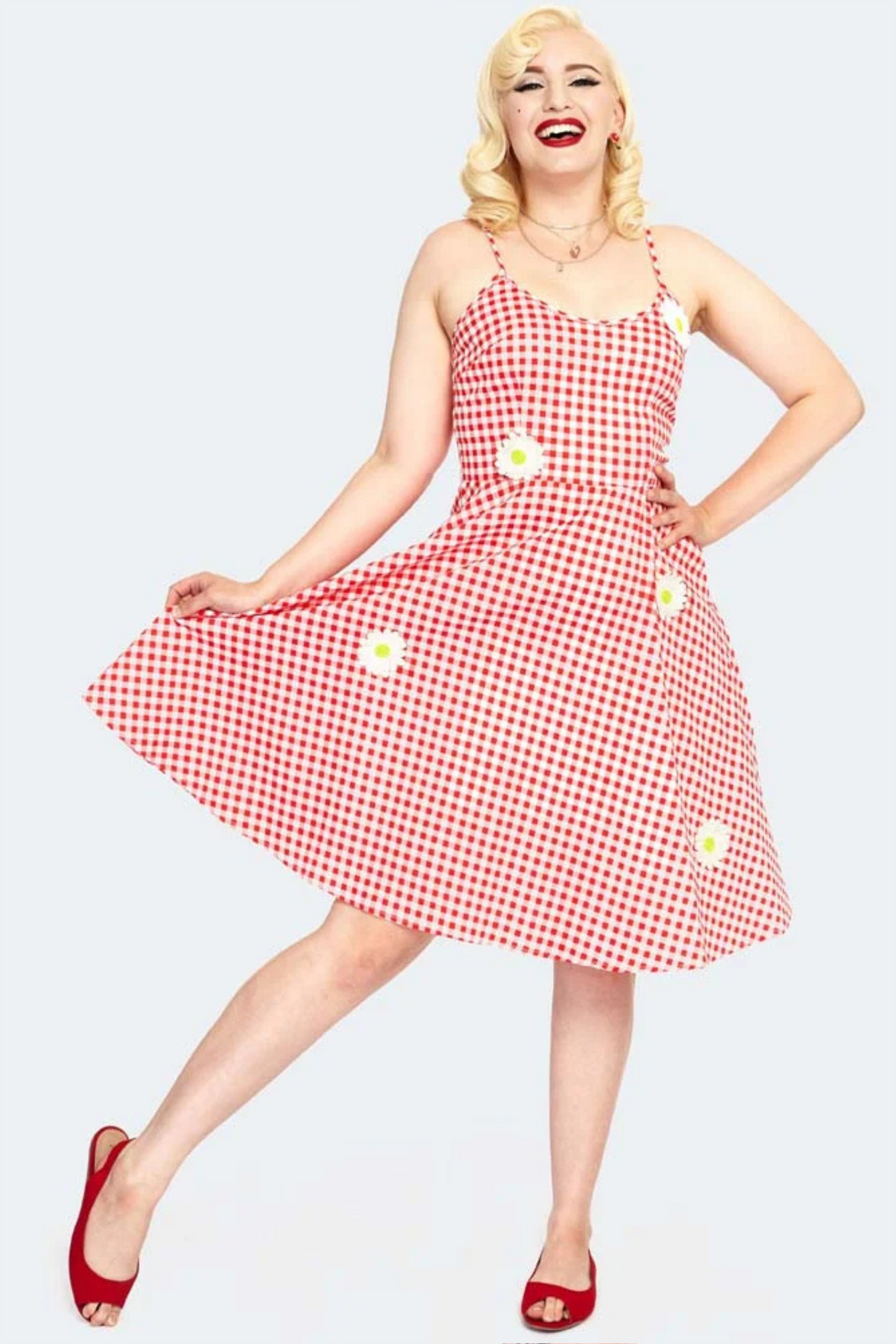 Gingham Floral Embroidered Flare Dress