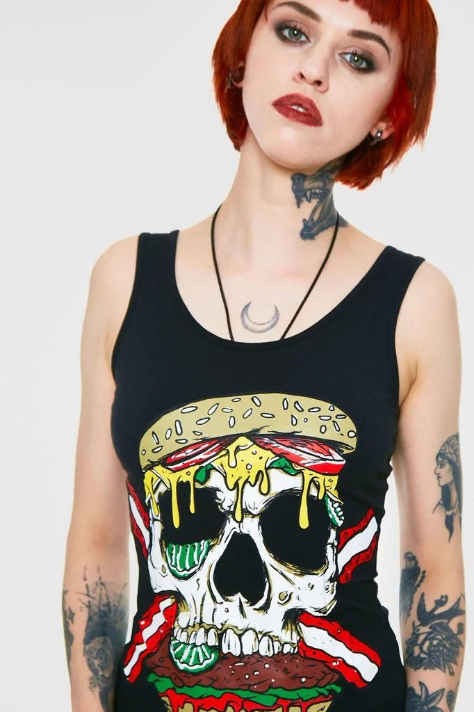 Zombie Skull Burger Tie Back Top
