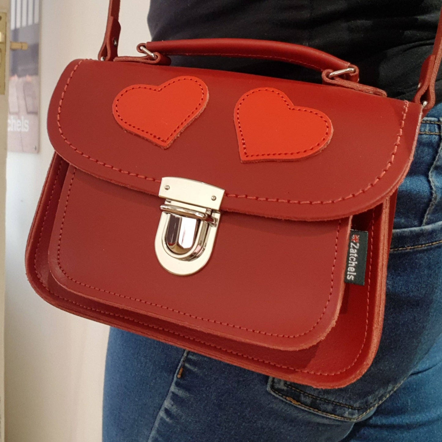 Luna Handmade Leather Bag - Love Hearts- Red