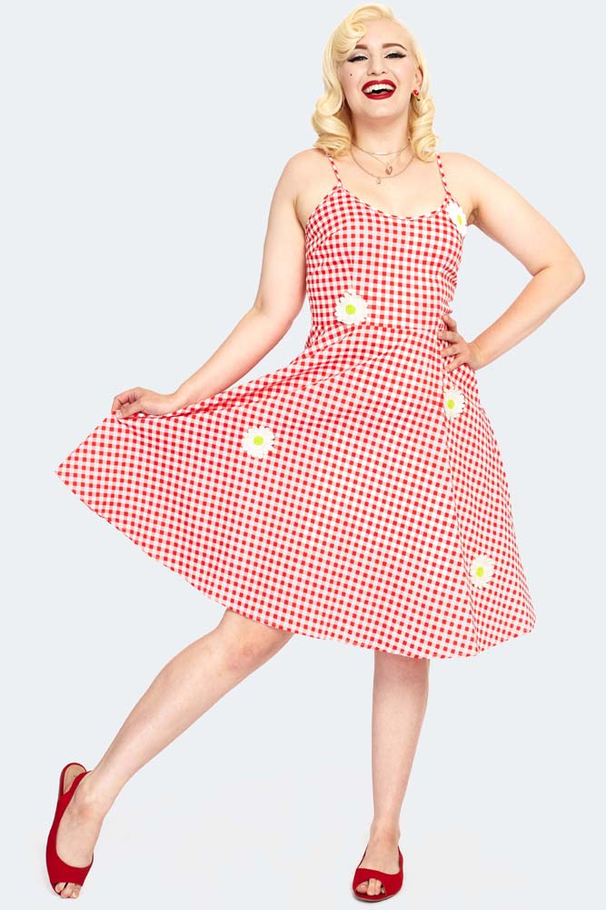 Gingham Floral Embroidered Flare Dress - Red