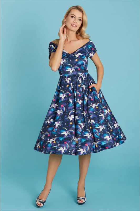 Lily Retro Off Shoulder Unicorn Swing Dress