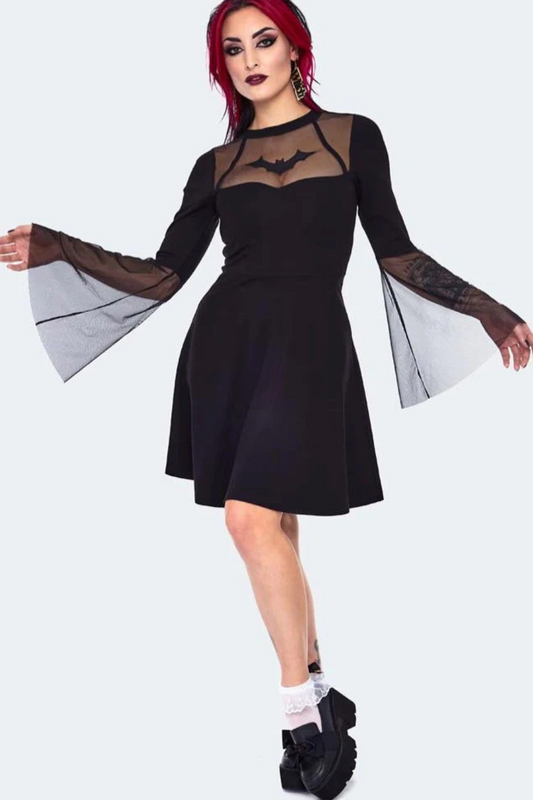 Jawbreaker Bat Embroidered Mini Black Dress